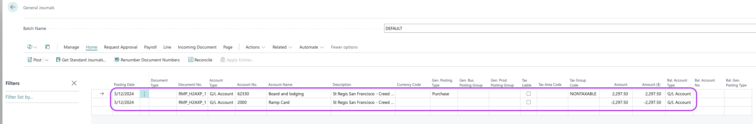 Finance > General journals page showing transaction details including description, amount, and document number.