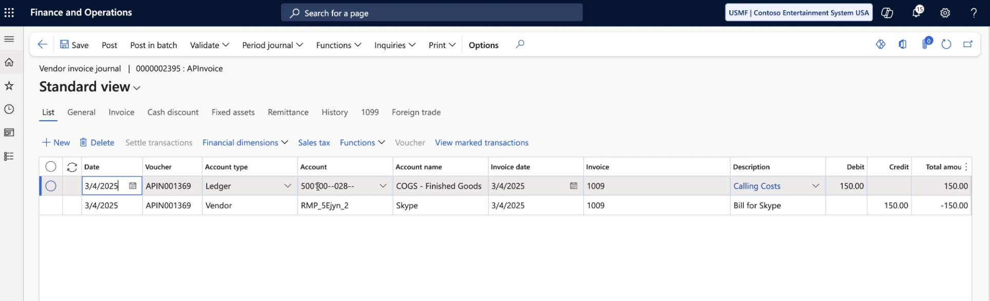 Vendor invoice journal in Microsoft Dynamics F&O showing vendor entries for invoices and associated details.