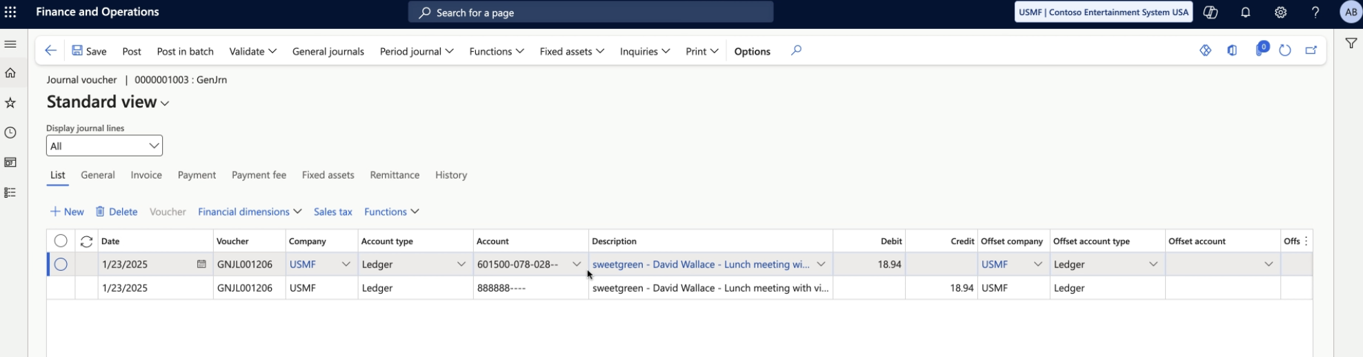 Journal entries in the Standard view showing expense details, accounts, and amounts in the Finance and Operations section.