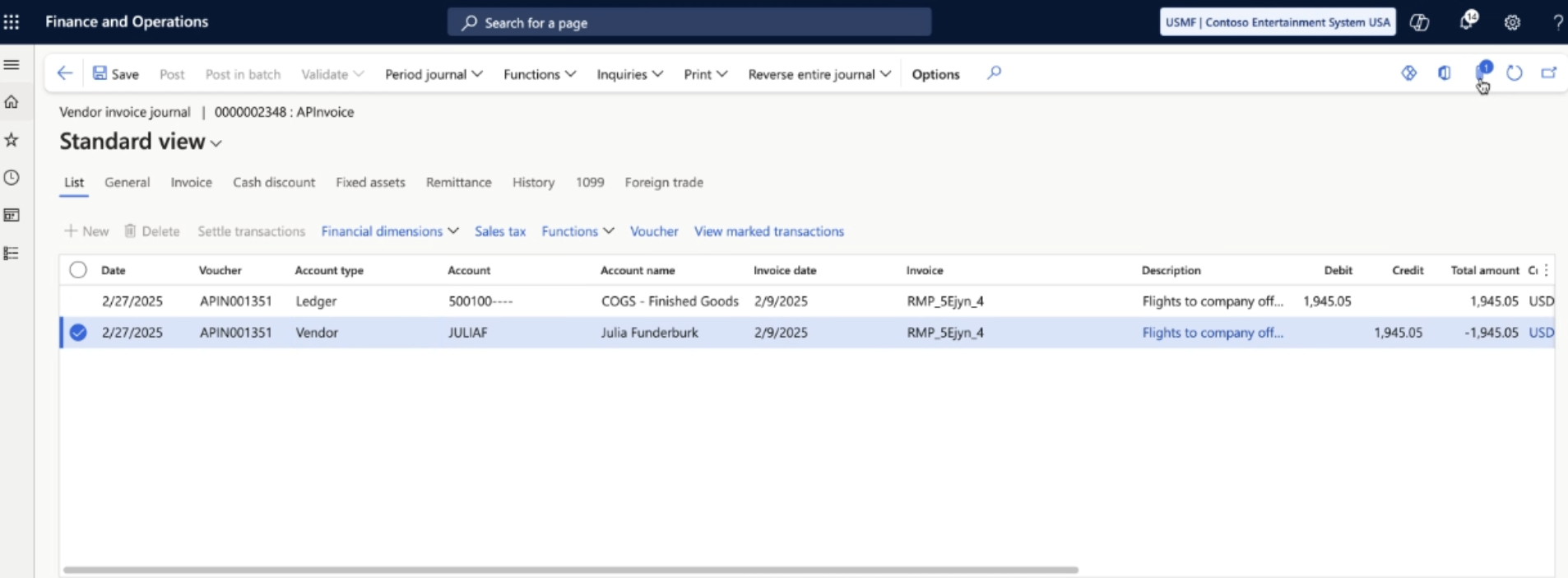 Vendor invoice journal showing the Standard view with posted transactions, including details on a specific invoice.