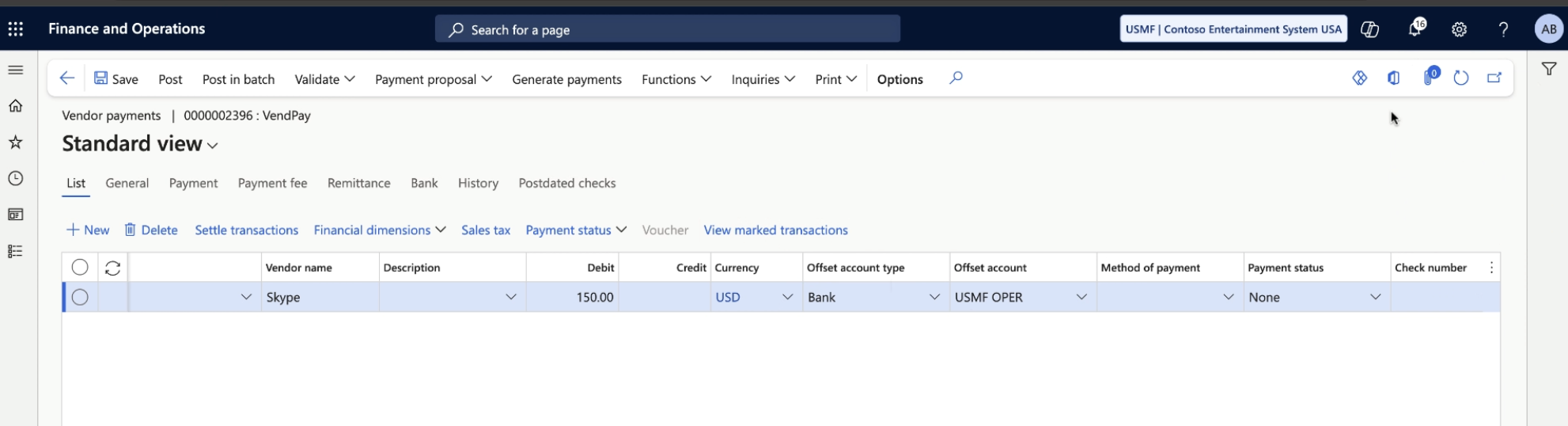 Vendor payment journal showing bill payments with transaction details like description, amount, and payment method.