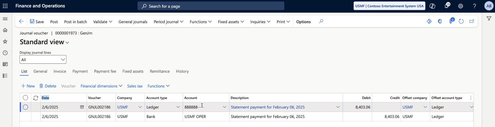 Journal navigator showing statement payment details, including date, account type, description, and amount.