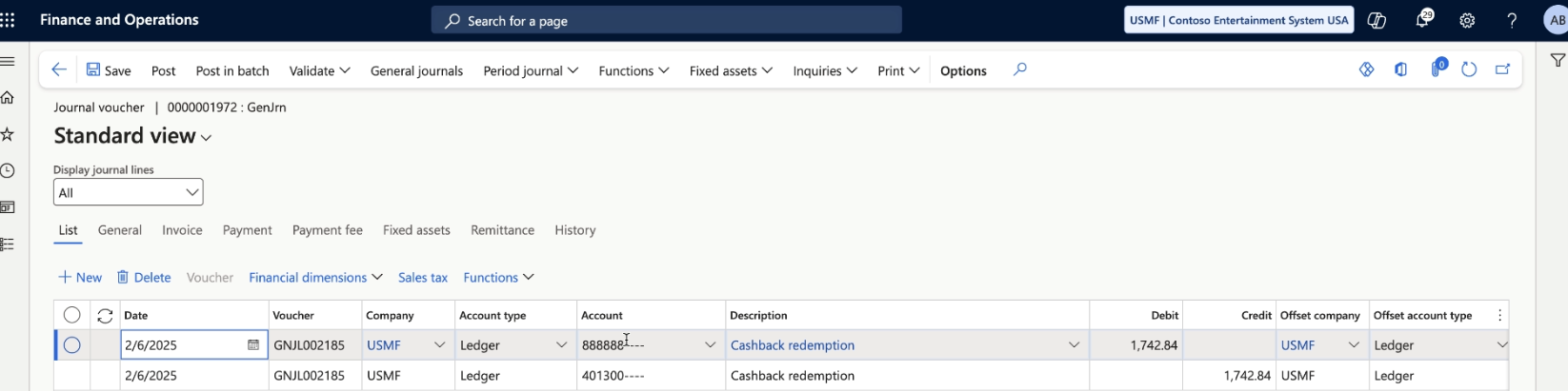 Standard view in GL journal showing cashback redemption entry details, including date, voucher, account type, and description.