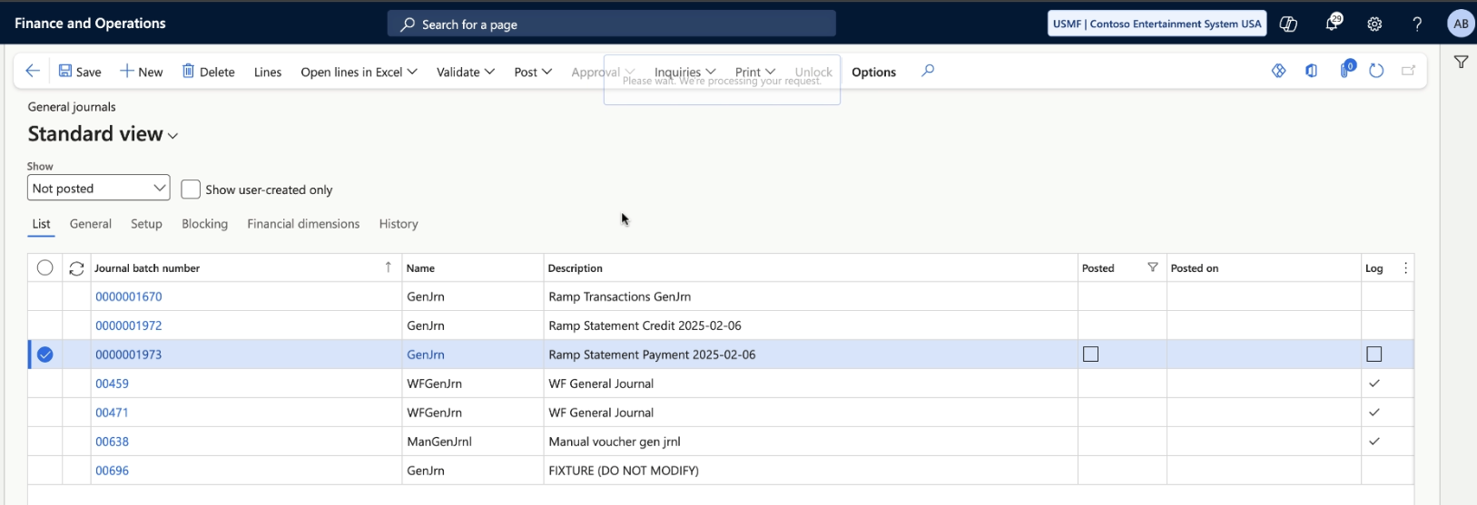 Standard view of the General journals page showing posted and unposted journal entries, including Ramp Statement Payment.