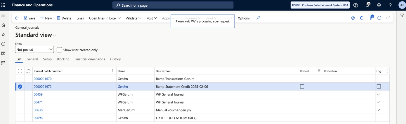 General journals page in Microsoft Dynamics F&O showing unposted entries in standard view.