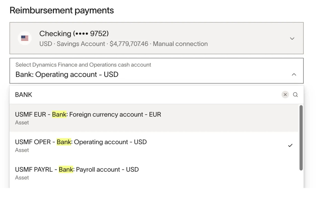 Reimbursement payments section showing various bank accounts, including checking, foreign currency, operating, and payroll...