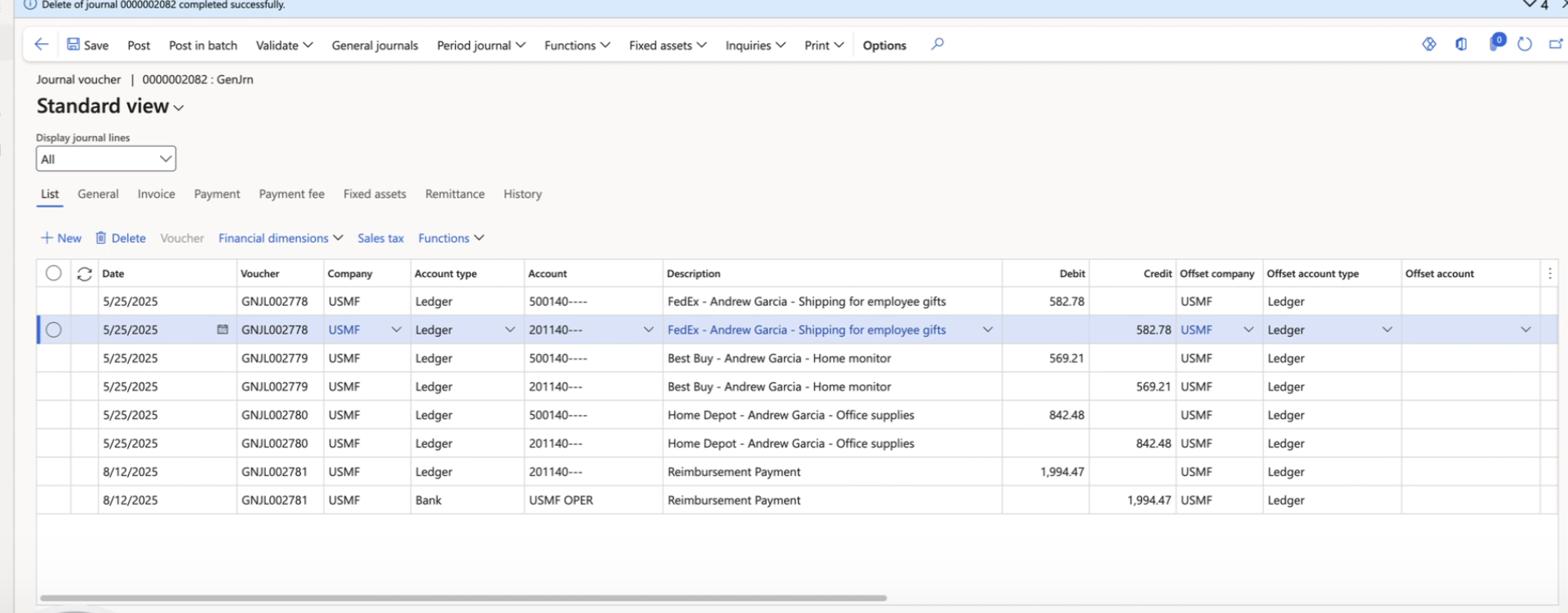 Standard view showing financial journal entries with account details, amounts, and statuses for reimbursement payments.