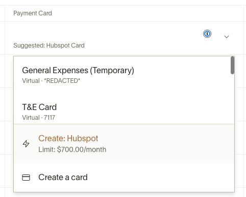Payment Card column dropdown showing option to create a new vendor-restricted card