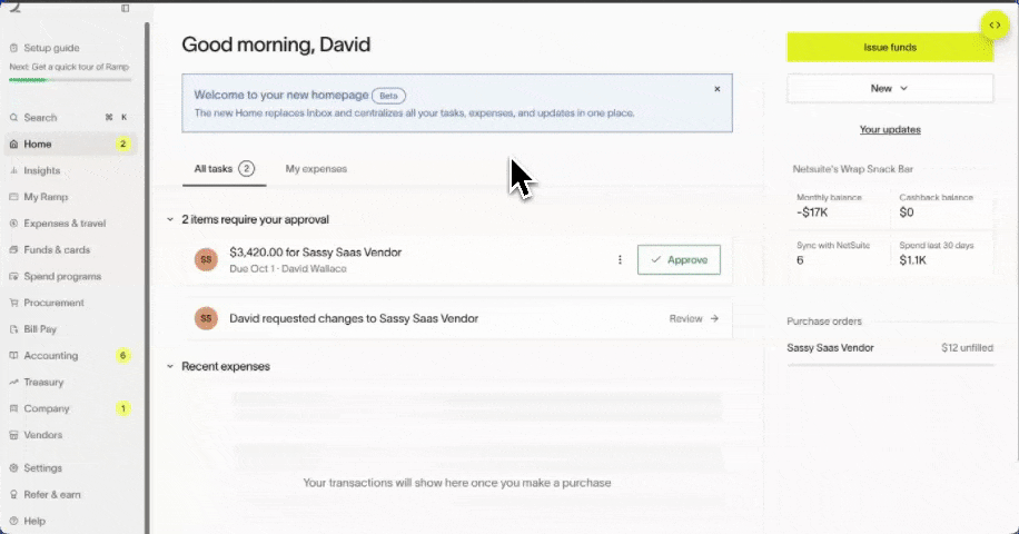 Ramp homepage showing the Issue funds button and entity currency assignment flow