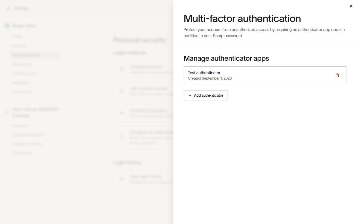 Multi-factor authentication settings showing a registered authenticator with options to remove it or add another