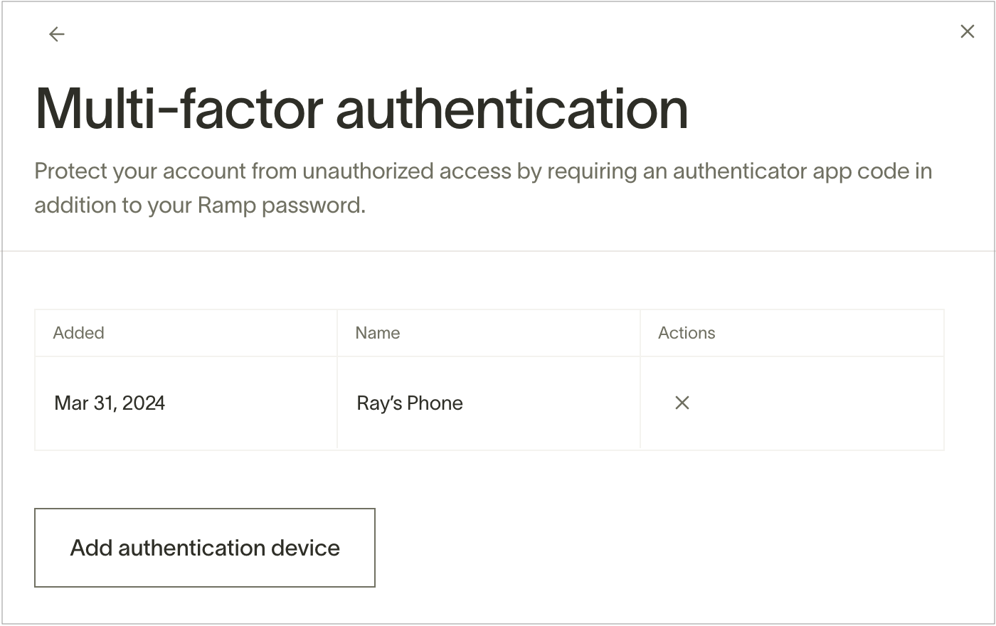 Ramp Security settings page showing the Configure an authenticator app section with an Add authentication device button