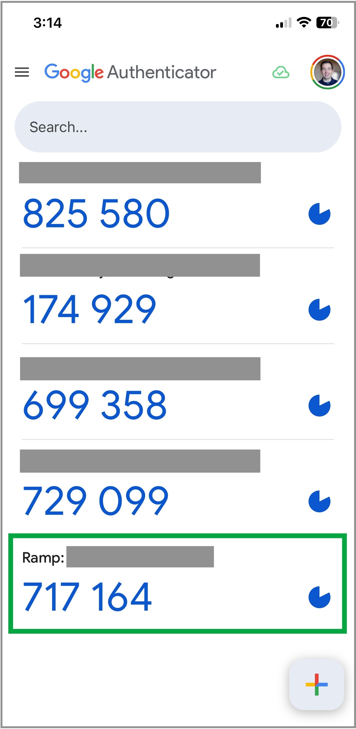 Authenticator app displaying a 6-digit verification code for a Ramp account
