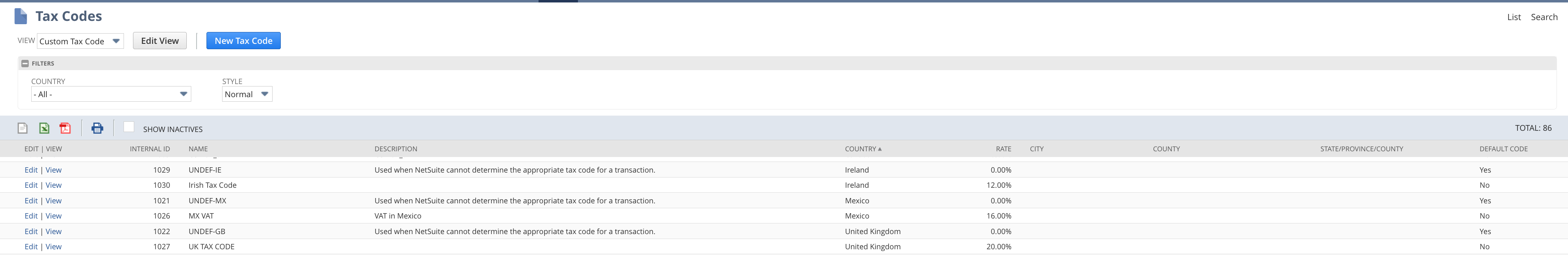 Tax Codes page displaying various tax entries, including country, code, description, and default status.