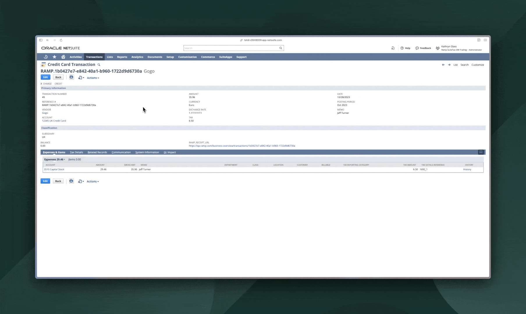 Credit Card Transactions page displaying transaction details and vendor currency settings for synchronization.