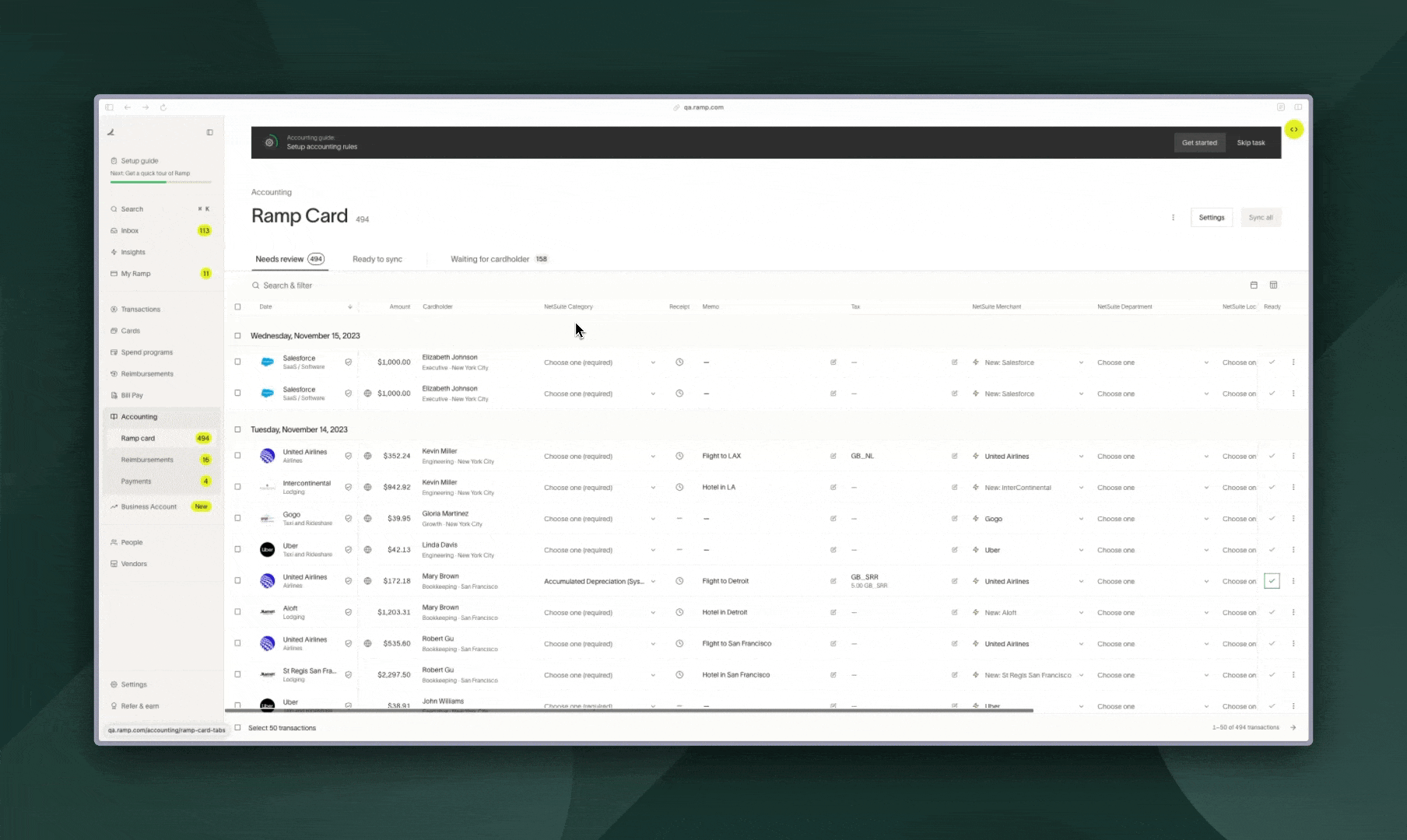 Accounting page showing the Ramp Card with a list of bills and options for managing tax codes for vendors.