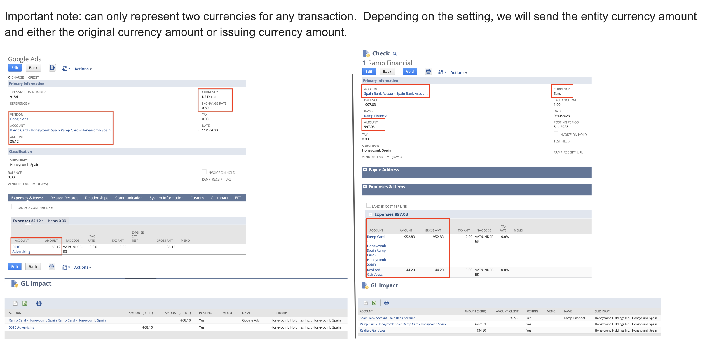 Displays a comparison of currency settings in Google Ads and Ramp Financial within NetSuite, showing transaction amounts.