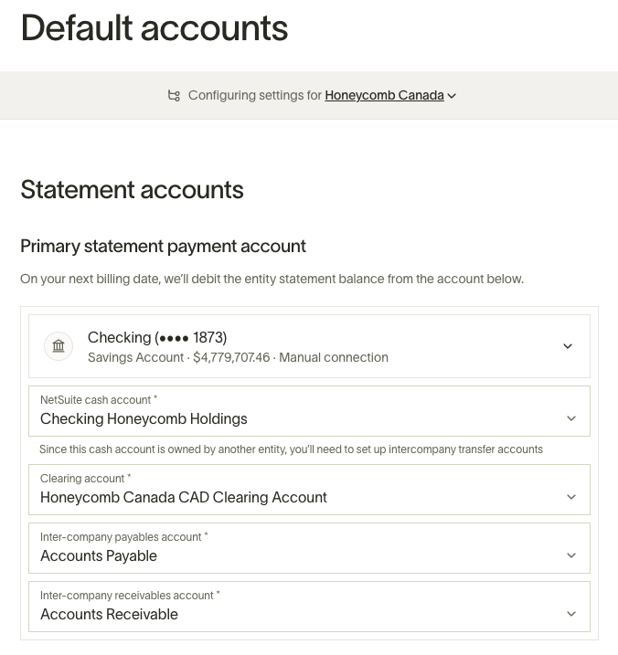 Default accounts configuration with statement payment account options for Honeycomb Canada, including inter-company accounts.