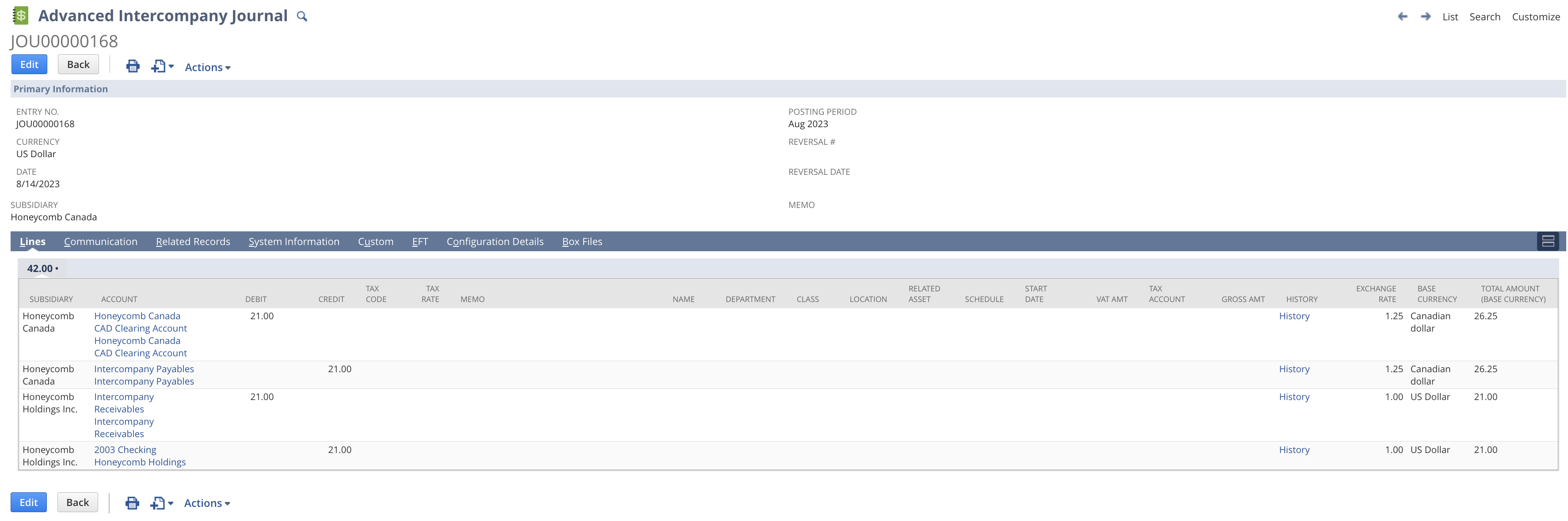 Advanced Intercompany Journal page showing details of transactions with amounts and currencies listed.