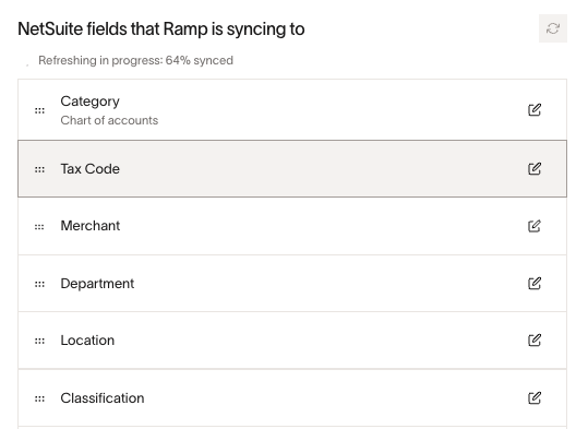 NetSuite syncing status showing fields like Tax Code, Merchant, Department, Location, and Classification.