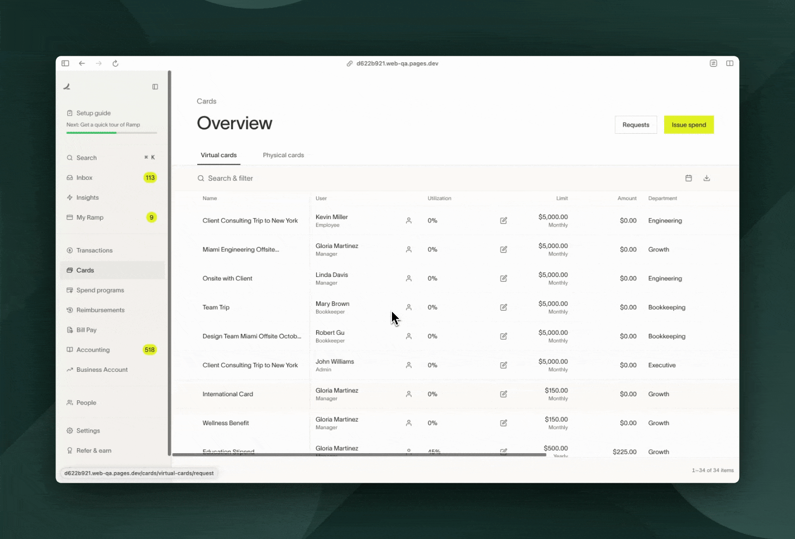 Overview page displaying virtual cards with details like utilization and amount, highlighting the entity selection feature.