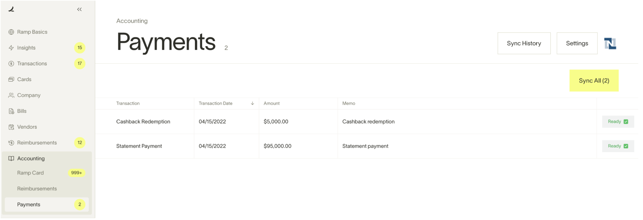 Payments section showing transaction details, including dates, amounts, and statuses. Sync history and settings options vi...