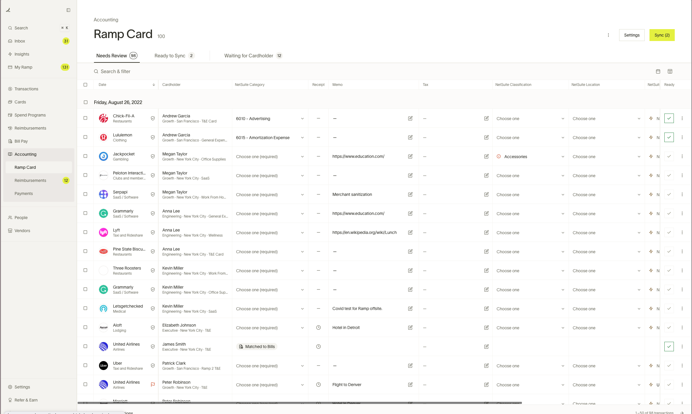 Accounting page in Ramp showing a list of transactions, including categories and consultation status for each entry.