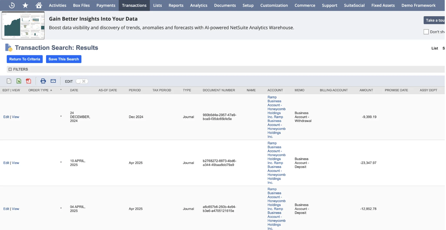 Transaction search results displaying bill journal entries with details like date, type, document number, and accounts.