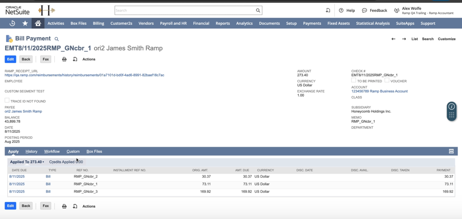 Bill Payment page in NetSuite displaying associated Vendor Bills and their details, with options to apply and manage payments.