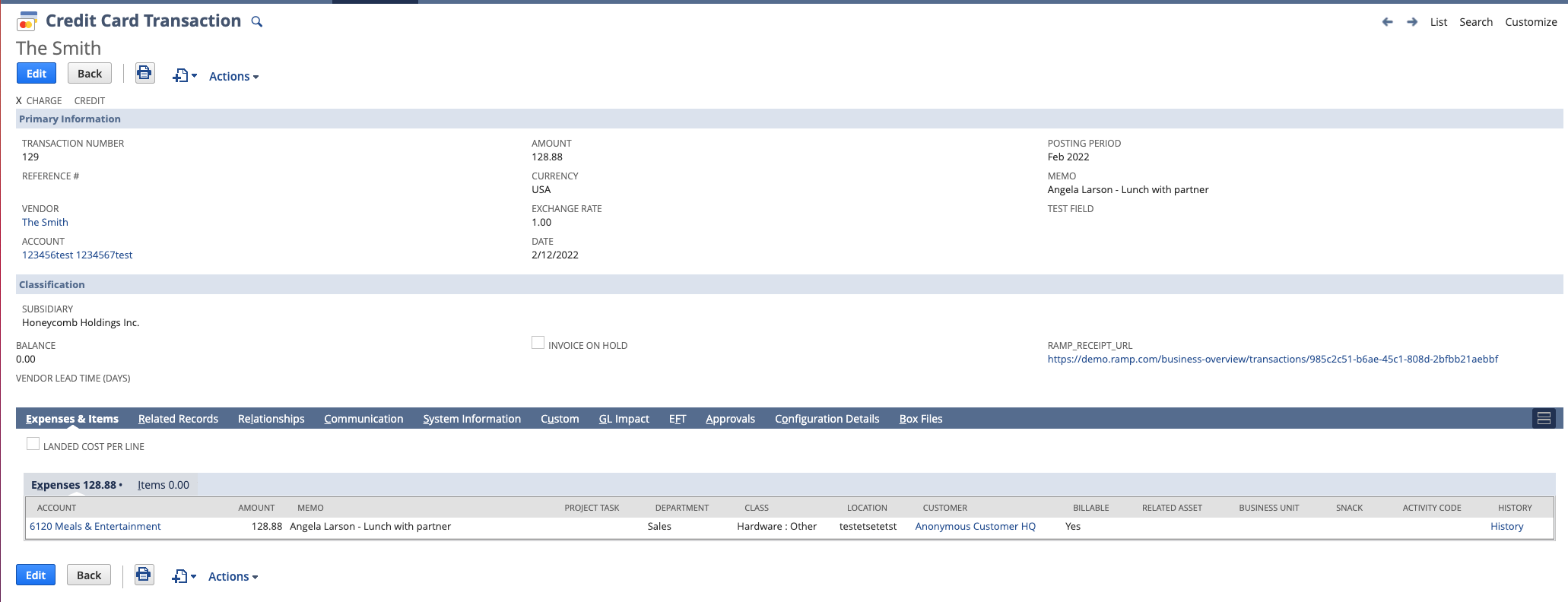 Credit Card Transaction page showing details like transaction number, amount, and expense items.