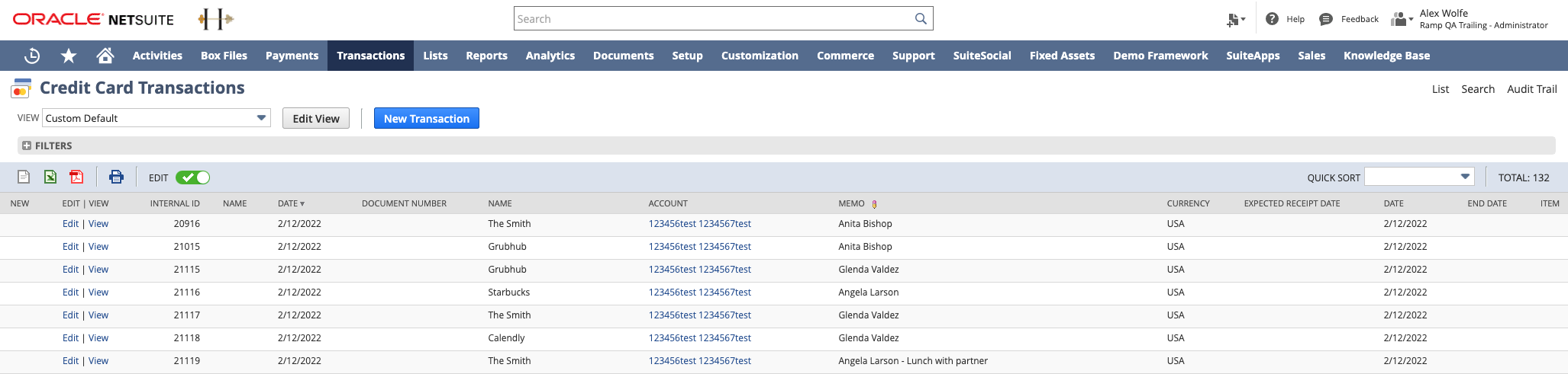 Credit Card Transactions page showing a list of transactions with details like name, account, and amount.