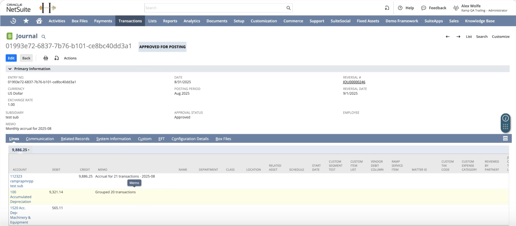 Journal page showing approved transactions with details and options for grouping entries.