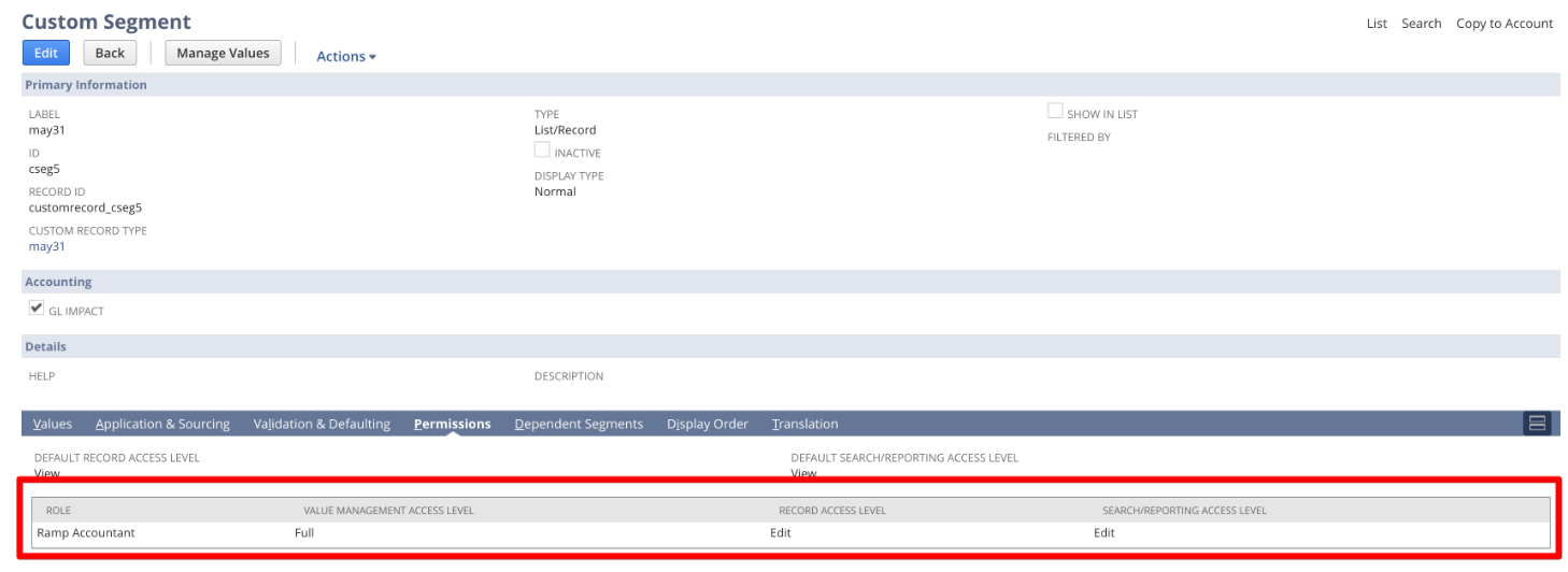 Permissions section showing access levels for Ramp Accountant role in Custom Segment settings.