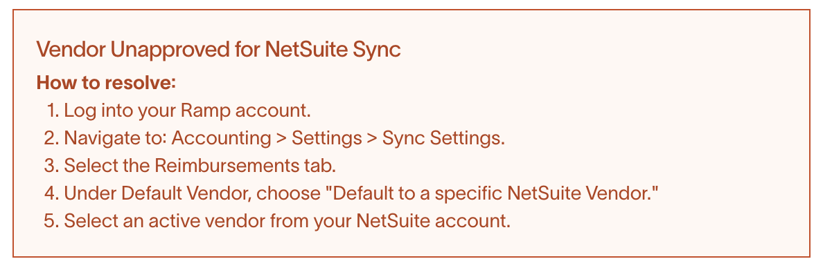 Ramp error card showing Vendor Unapproved for NetSuite Sync with resolution steps