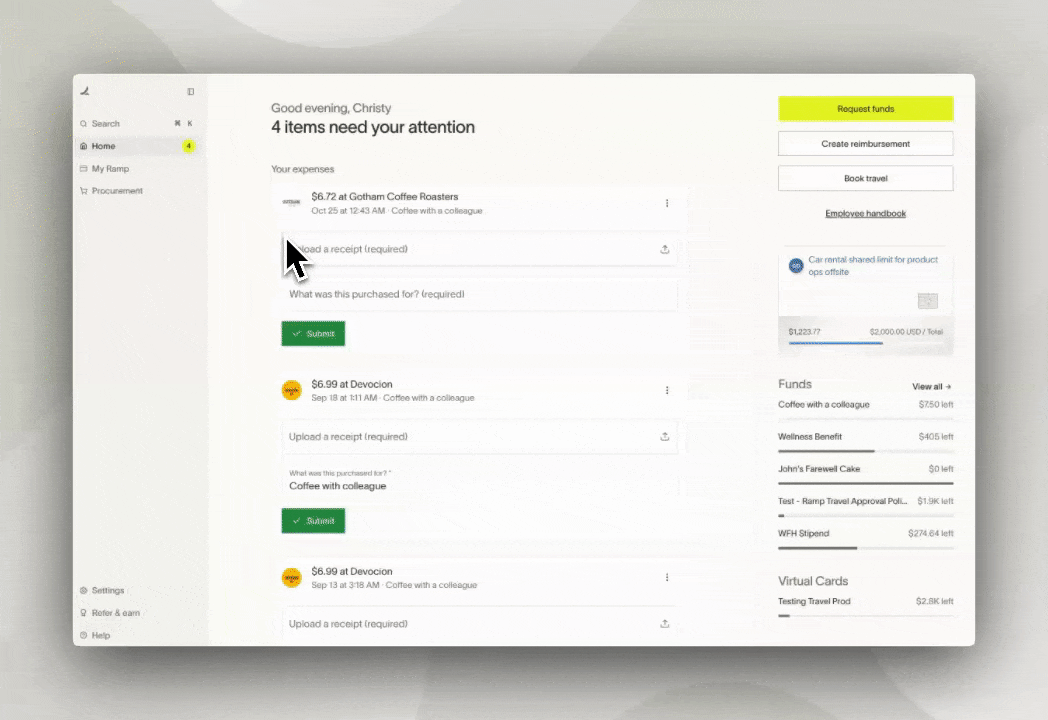 Home page showing a travel booking interface with pending expenses and a summary of items needing attention.