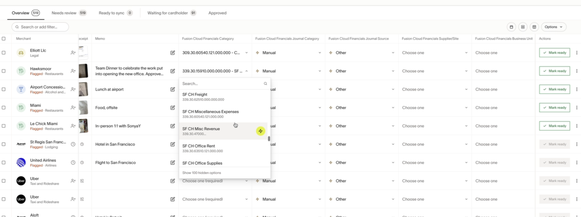 Overview page displaying a dropdown menu for selecting account aliases for transaction coding.