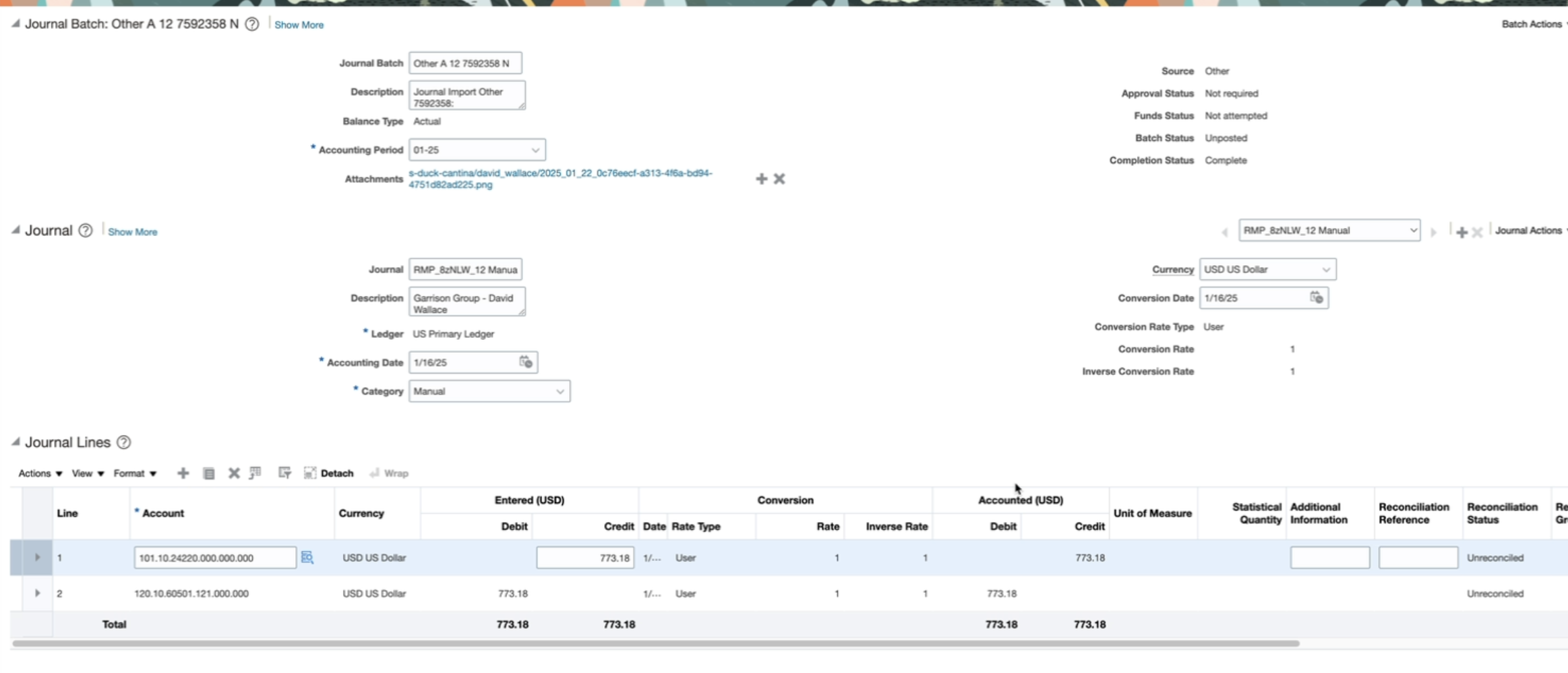 Journal entry batch screen in Oracle Fusion showing details for a specific journal batch, including account lines and amounts.
