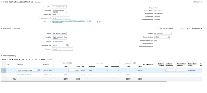 Journal Batch page showing details of a journal with account lines, amounts, and conversion information.