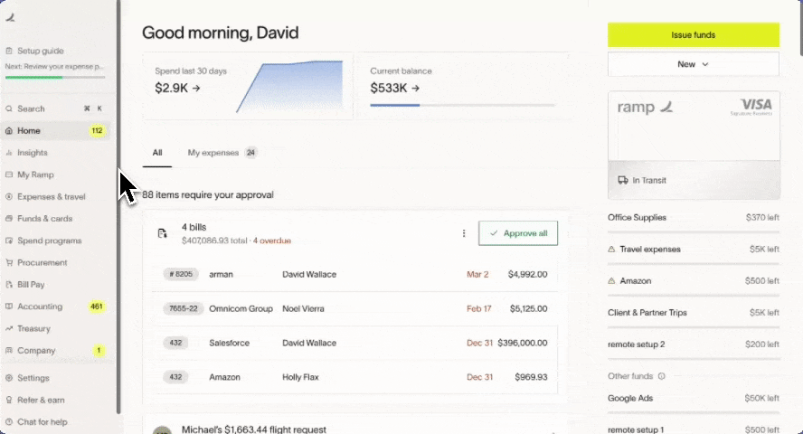 Ramp dashboard showing physical card shipping status and tracking details