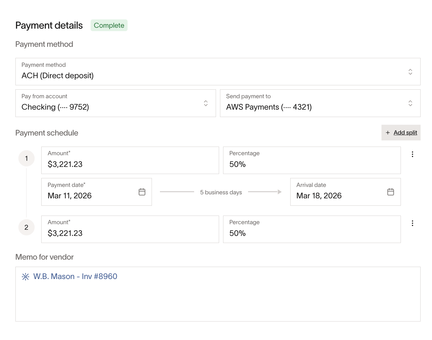 Bill payment details view showing the Add split button and two scheduled partial payments.