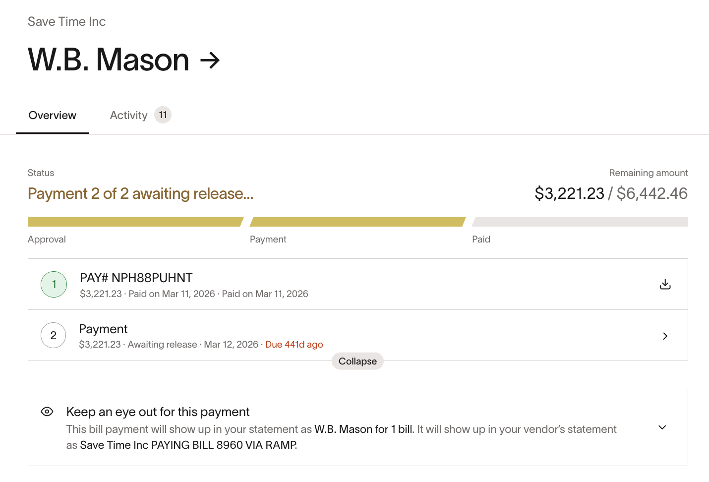 Bill details view showing two partial payments, with one paid and one awaiting release, plus the remaining amount.