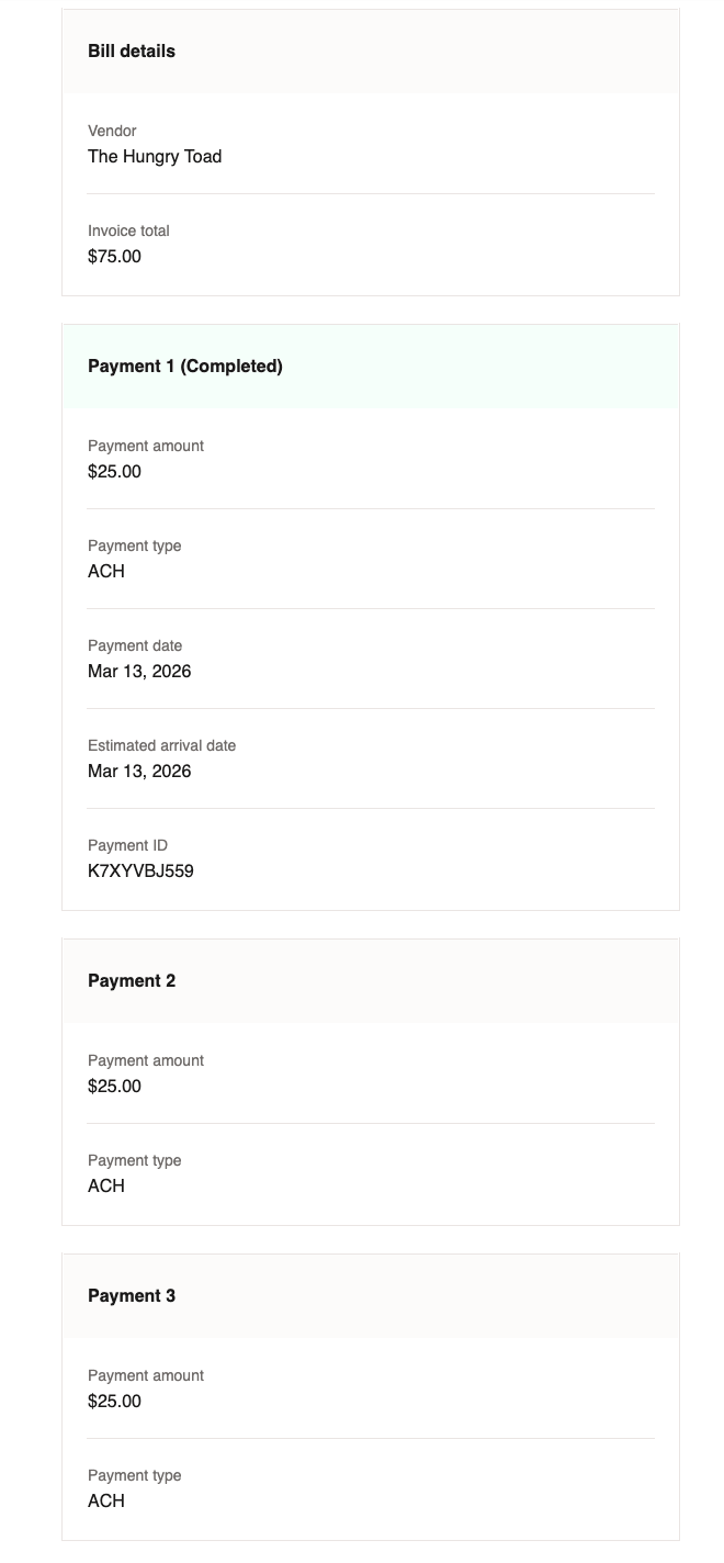 Vendor payment email for a bill with three partial payments