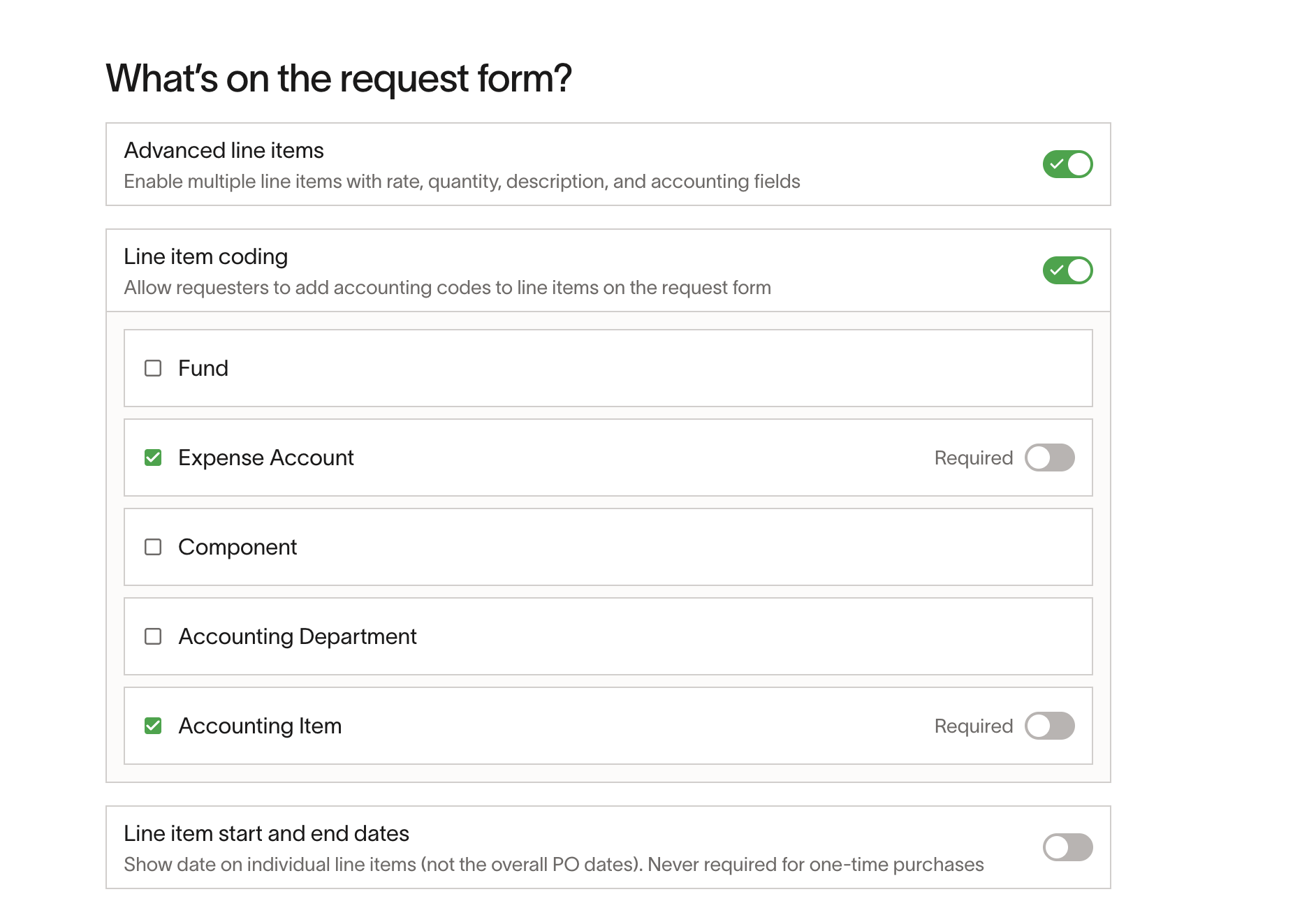 Procurement program request form settings with line item coding and accounting fields enabled