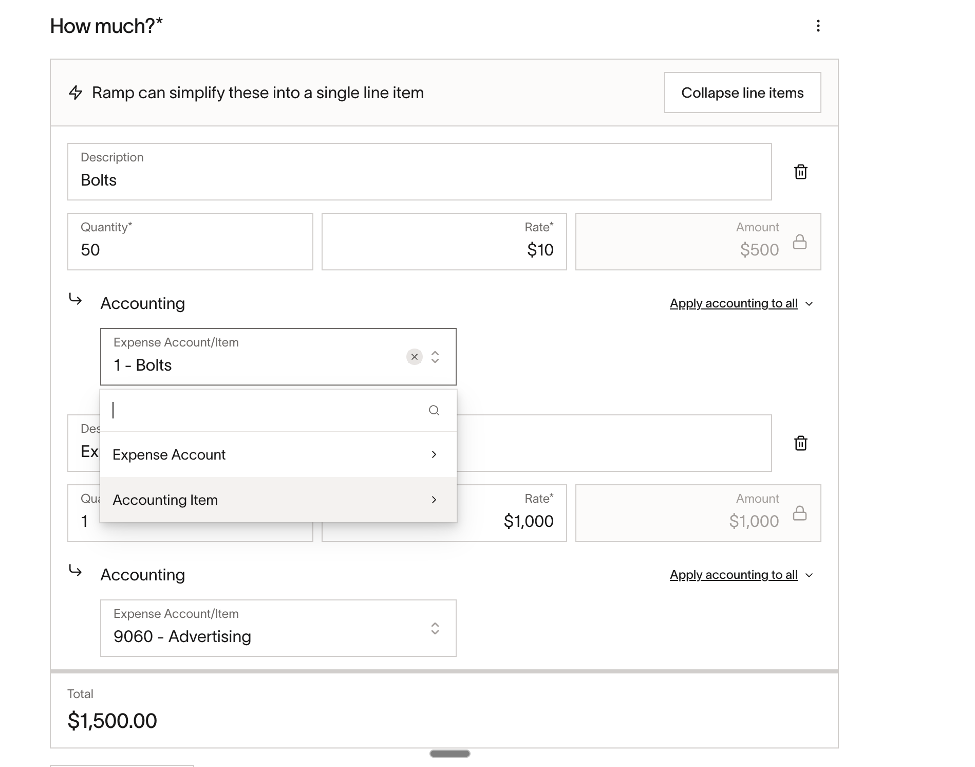 Purchase order line items showing item and expense coding options with quantity and rate fields