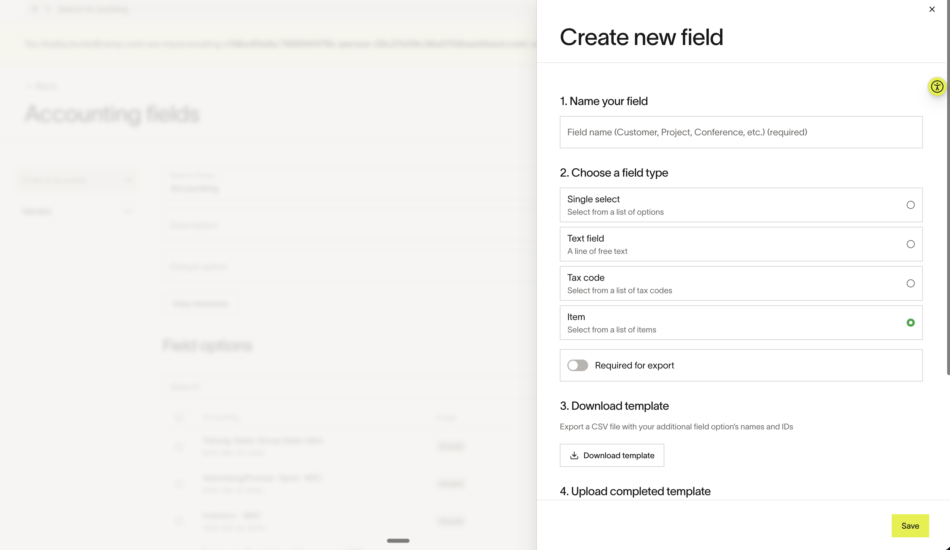 Create new field dialog with Item field type selected in Accounting fields settings