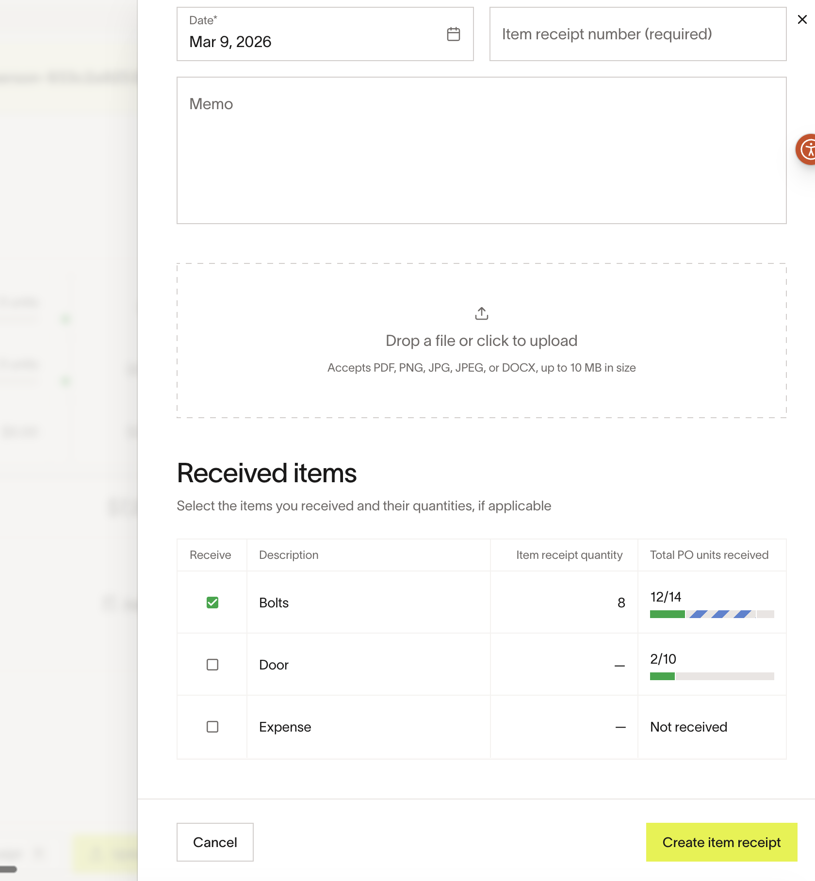 Item receipt form showing received quantities per line item with progress indicators