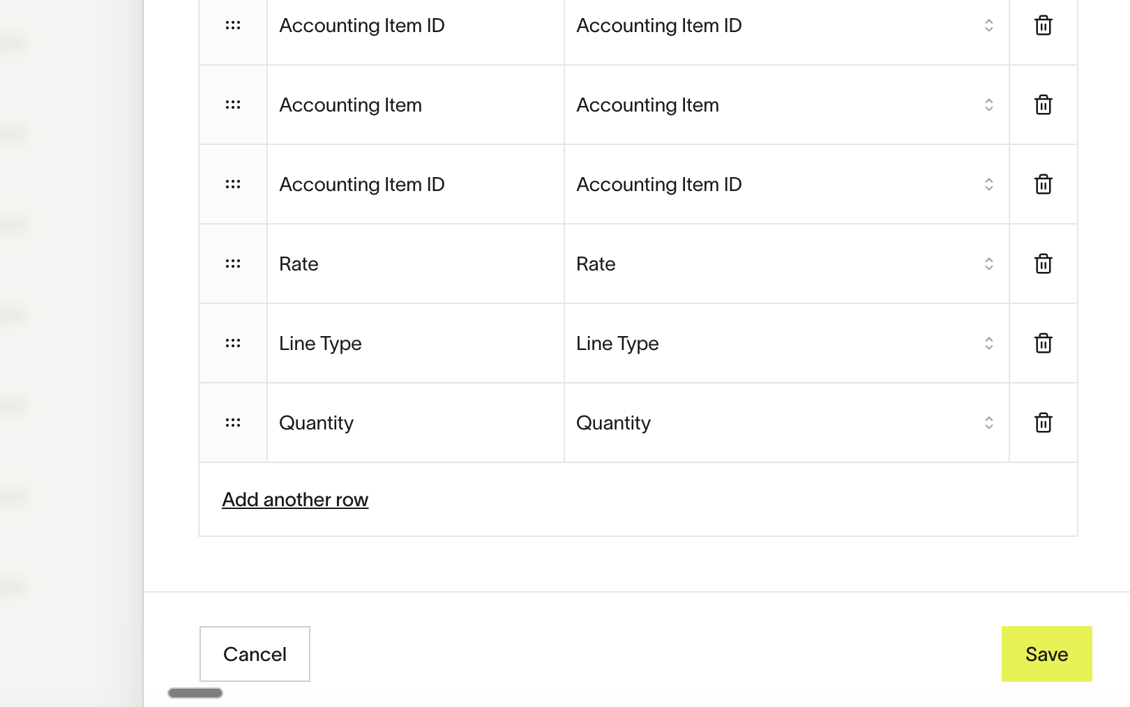 CSV export customization showing item-level fields: Accounting Item ID, Rate, Line Type, Quantity