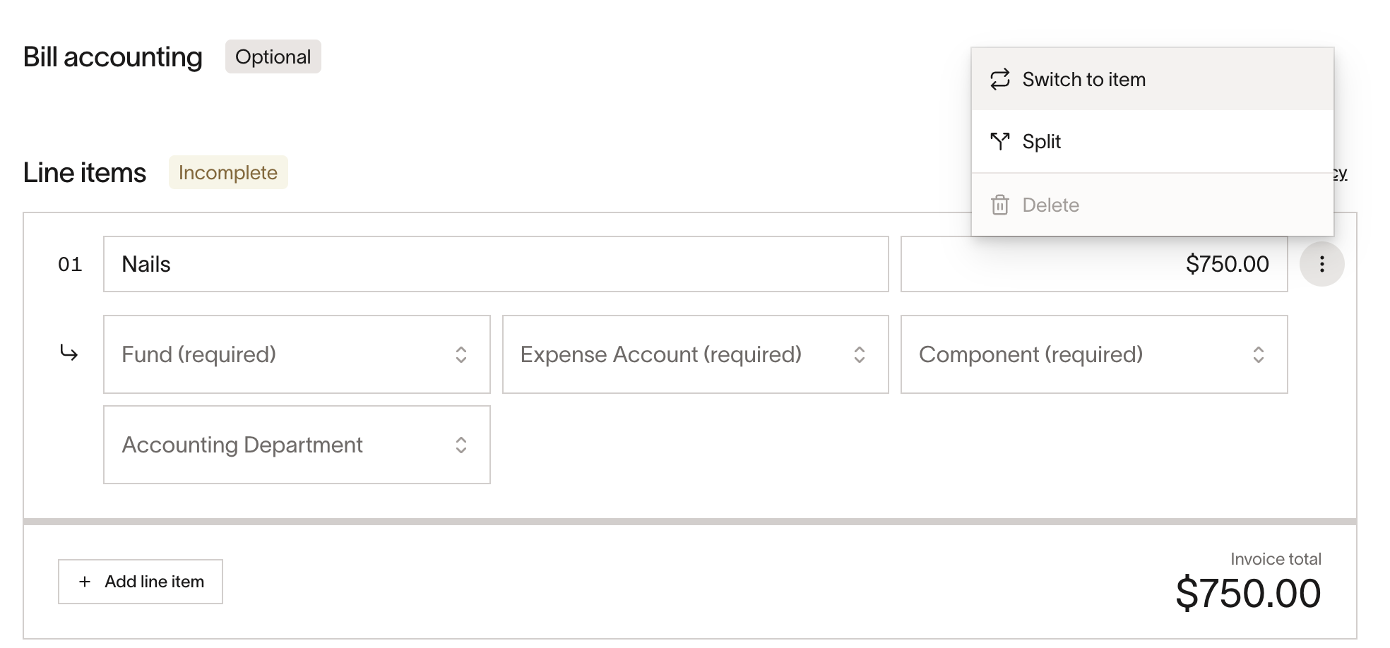 Bill line item context menu with Switch to item, Split, and Delete options