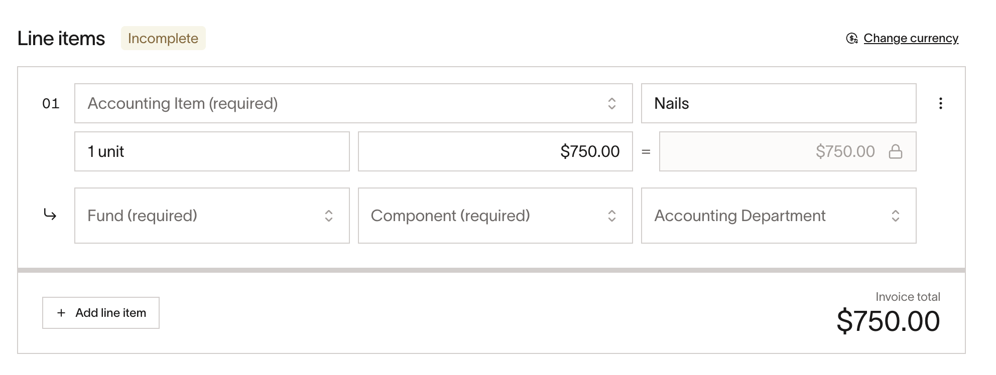 Bill line item coded as Item type with Accounting Item field and unit pricing