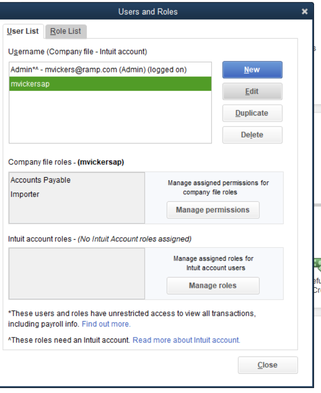 Users and Roles section displaying user account information, roles, and management options for an IIF file in QuickBooks.
