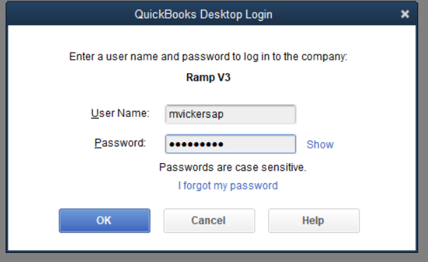 QuickBooks Desktop sign-in window showing fields for user name and password.